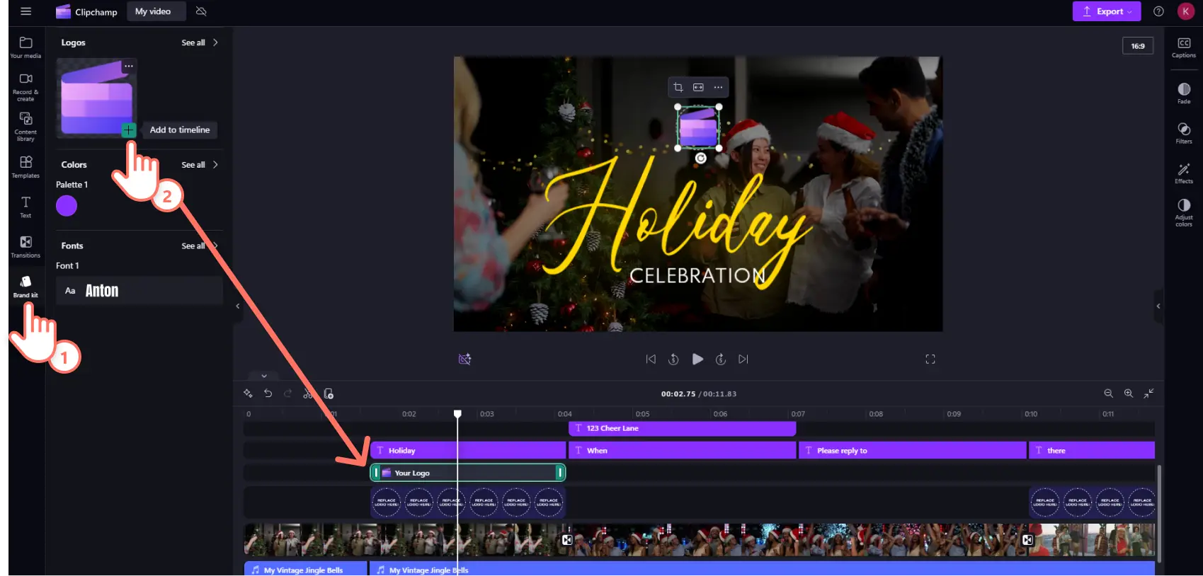 A user adding their company logo from the brand kit onto the timeline in Clipchamp.