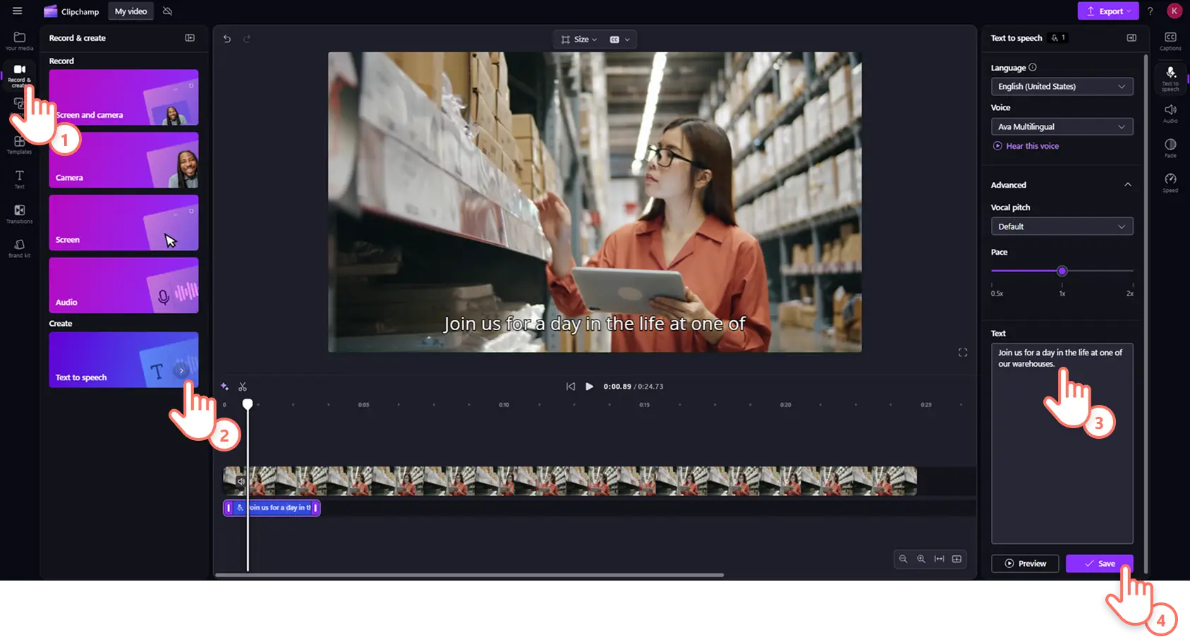 Käyttäjä korvaamassa videon ääntä teksti puheeksi -työkalun avulla Clipchampissa.
