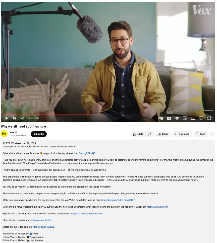 Vox MediaによるYouTube動画「なぜ今字幕が必要なのか」の説明欄の画像