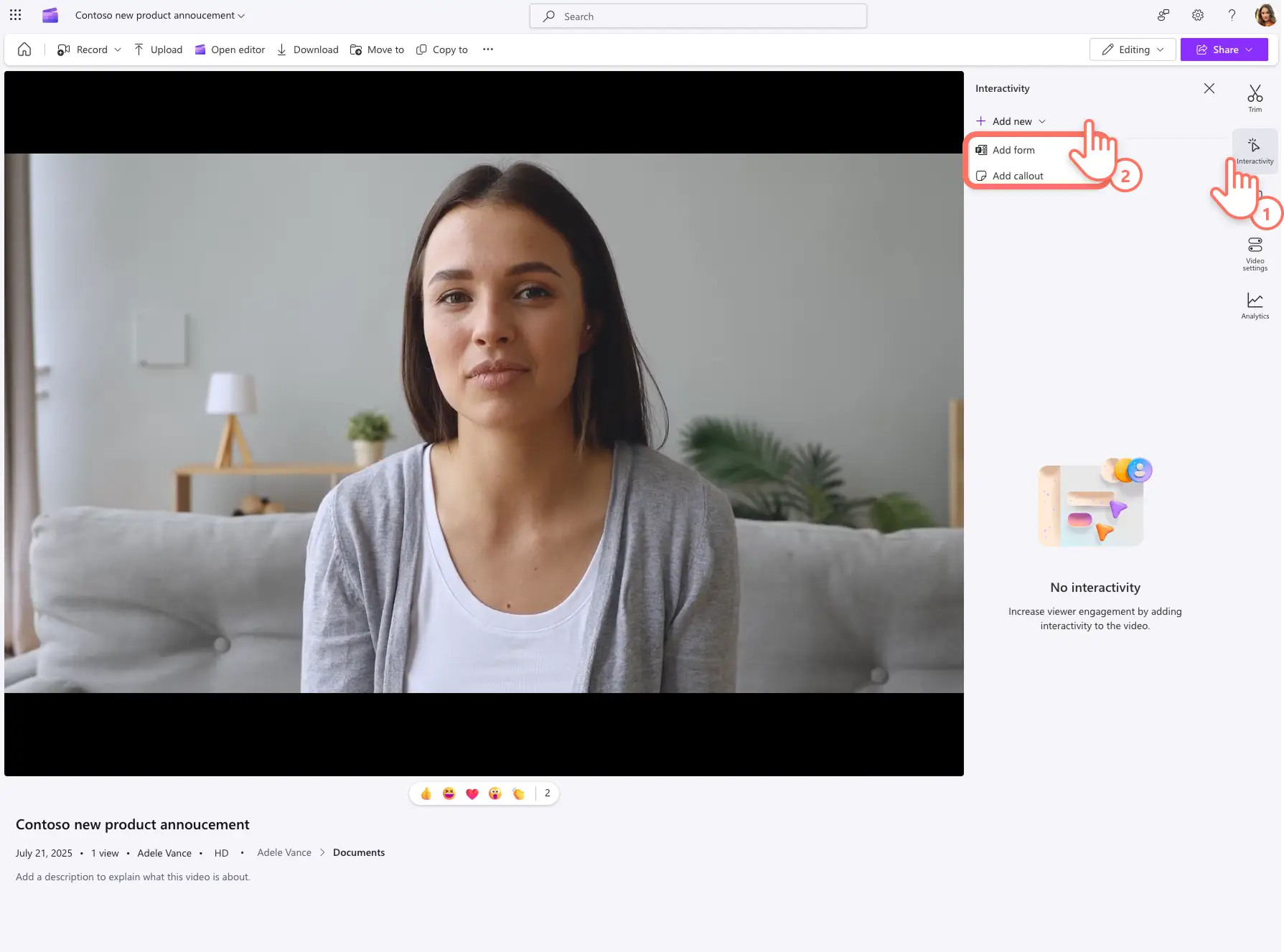 Uma imagem de um separador de interatividade de vídeo no Clipchamp