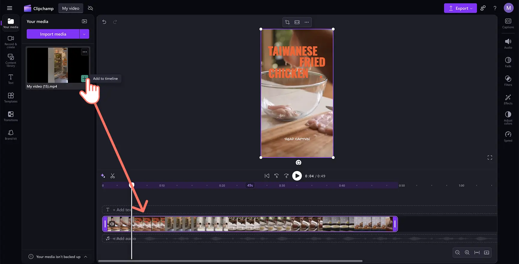A user adding a video to the timeline in Clipchamp
