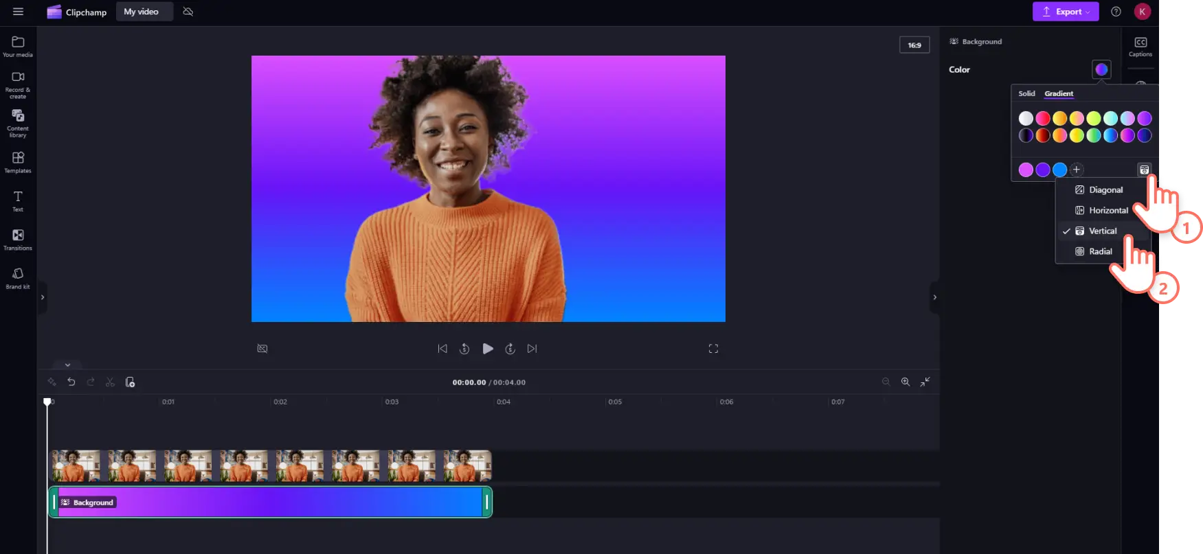 A user changing the direction of a gradient background in Clipchamp.