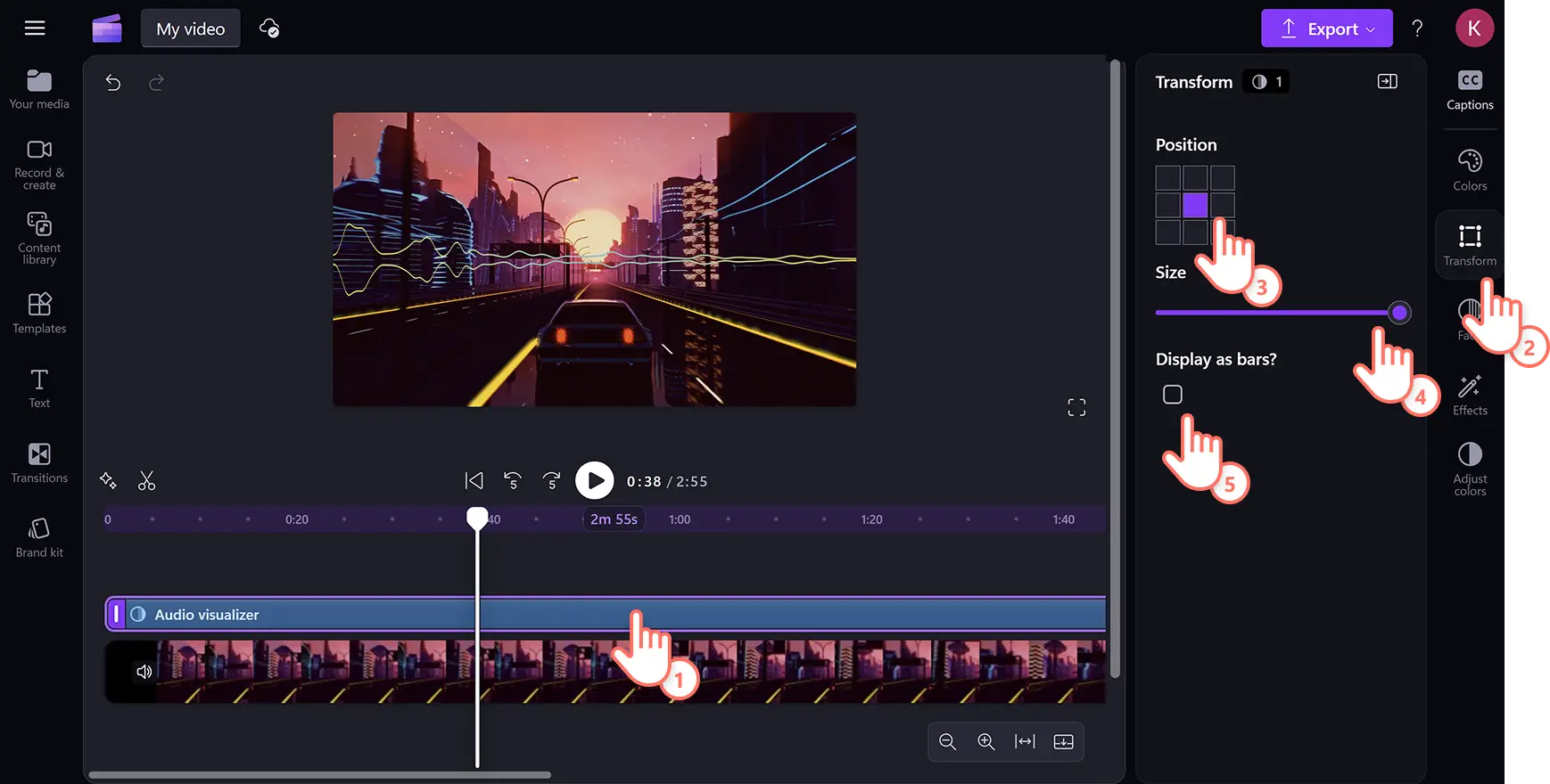 用户在 Clipchamp 视频编辑器中编辑音乐可视化效果的位置、大小和显示方式。