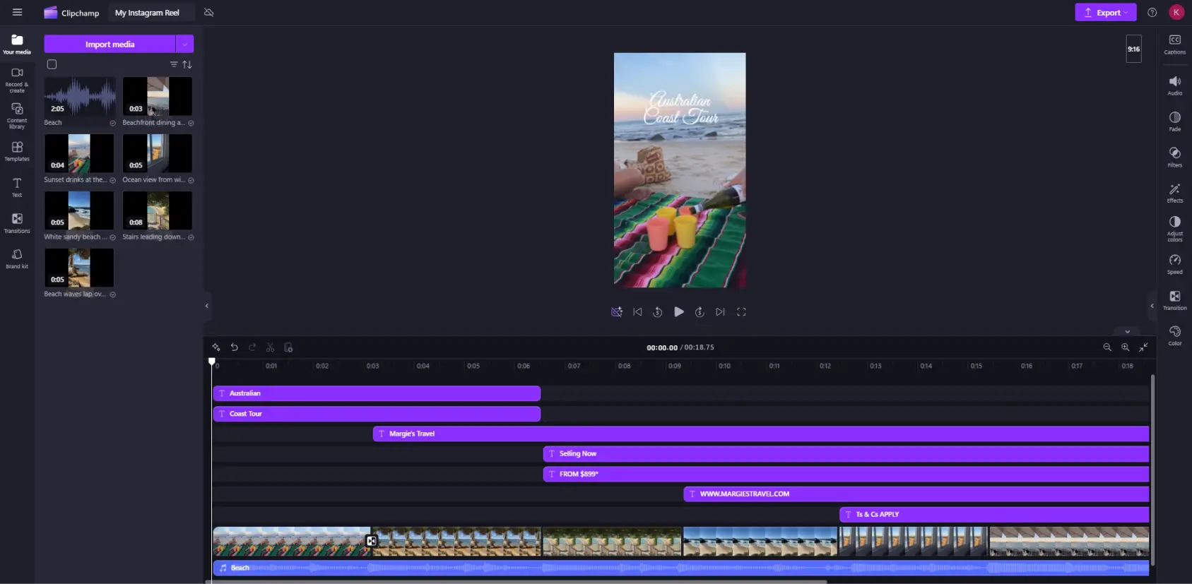 A Clipchamp user opening a 9:16 ratio Instagram Reel template.