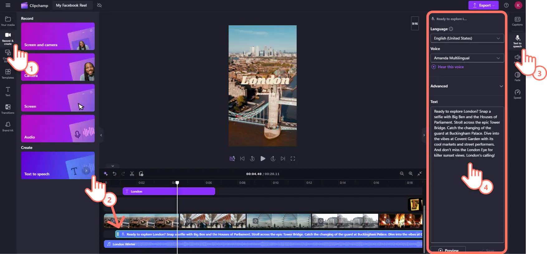 A user adding an AI voiceover to the timeline in Clipchamp.