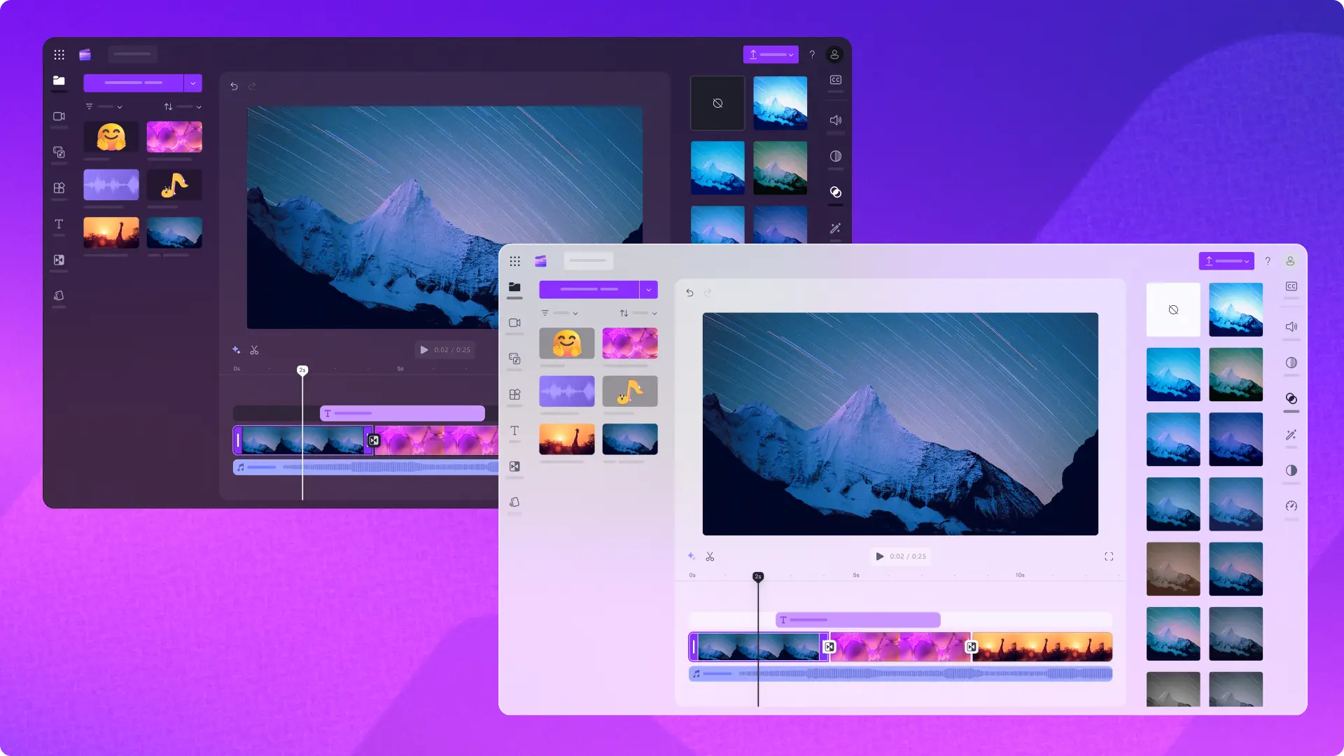 Clipchamp でライトな背景およびダークな背景を選択するユーザー