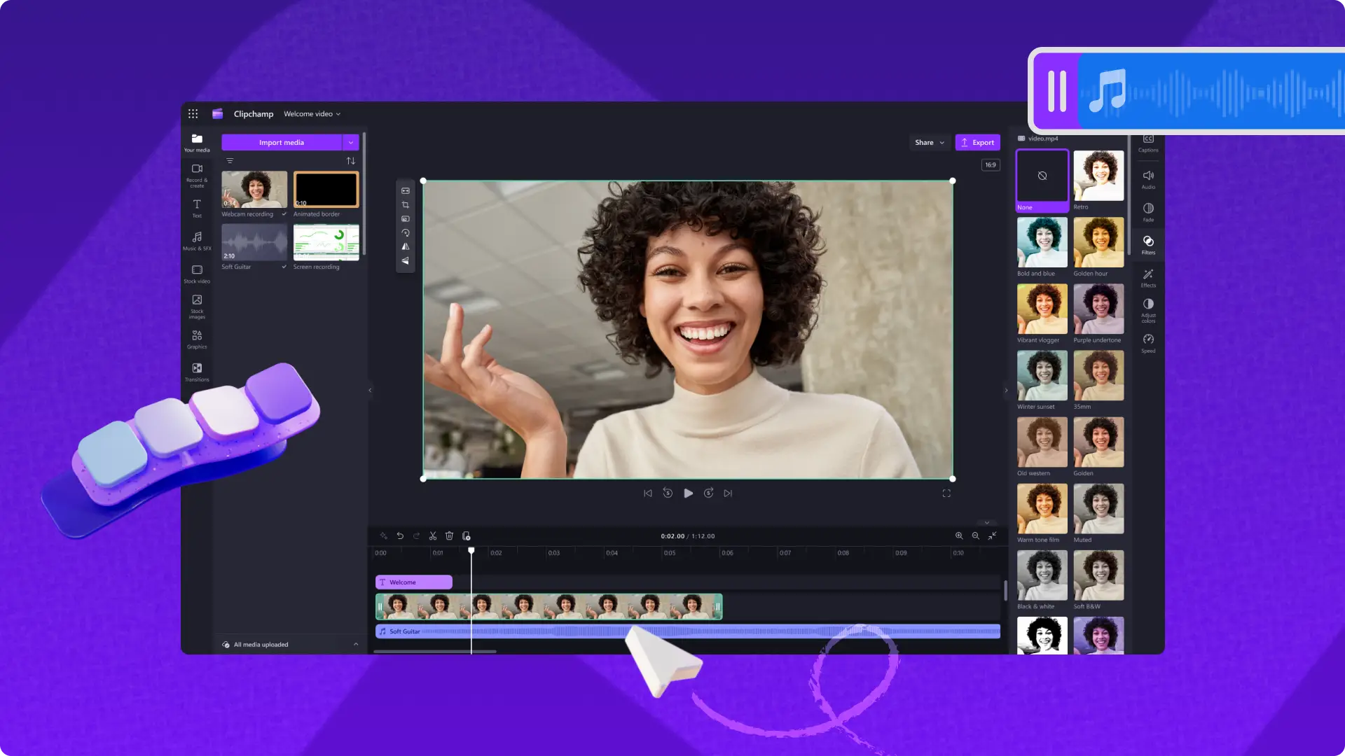 Uma imagem do aplicativo do Clipchamp para o trabalho.