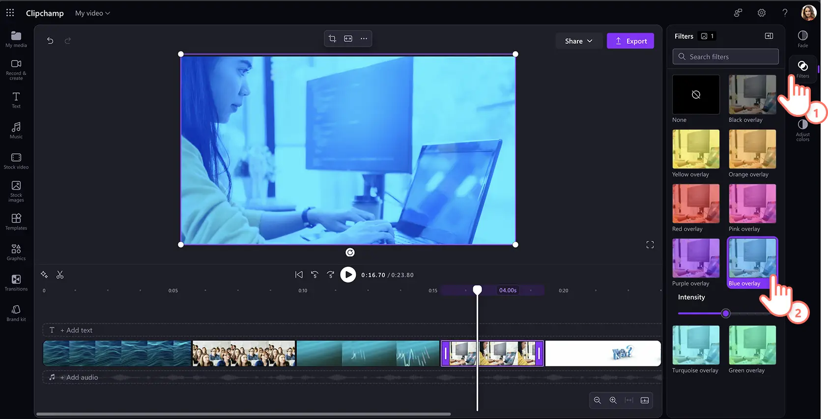 Utente che aggiunge un filtro video a un video d'archivio in Clipchamp