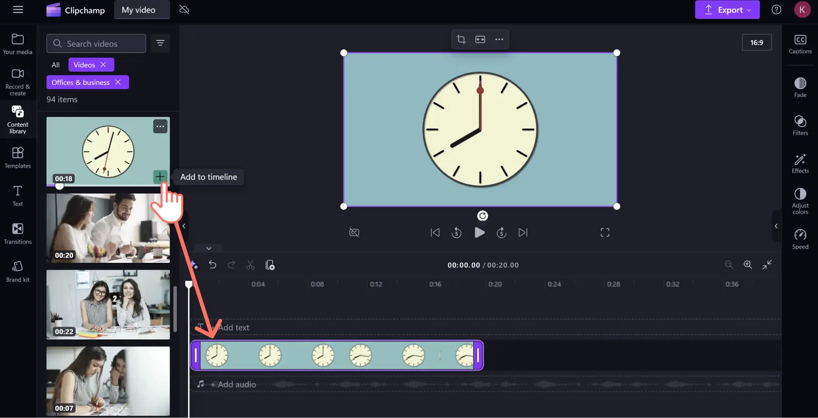 A user adding a stock video asset to the timeline in Clipchamp.