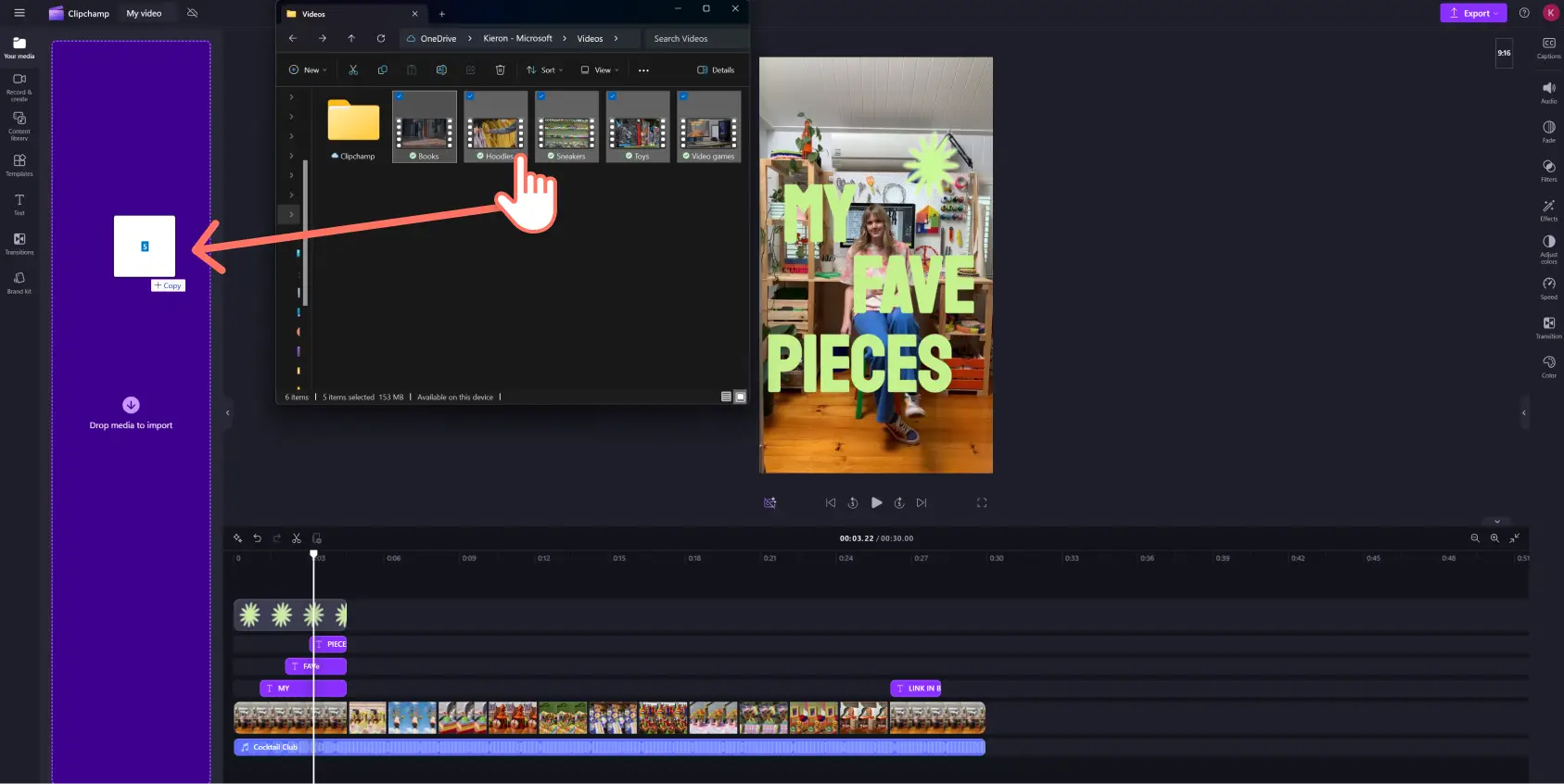 A screenshot of a Clipchamp user dragging personal video footage into the editor.