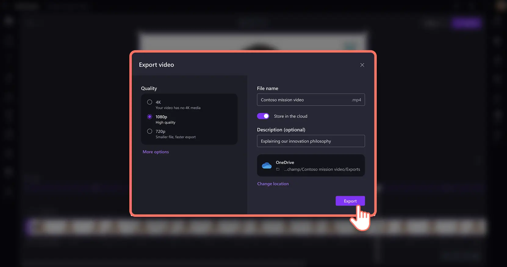 A user saving a video in high quality in Clipchamp for work