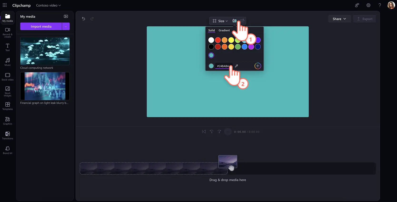 Seorang pengguna menambah warna latar belakang berjenama dalam Clipchamp