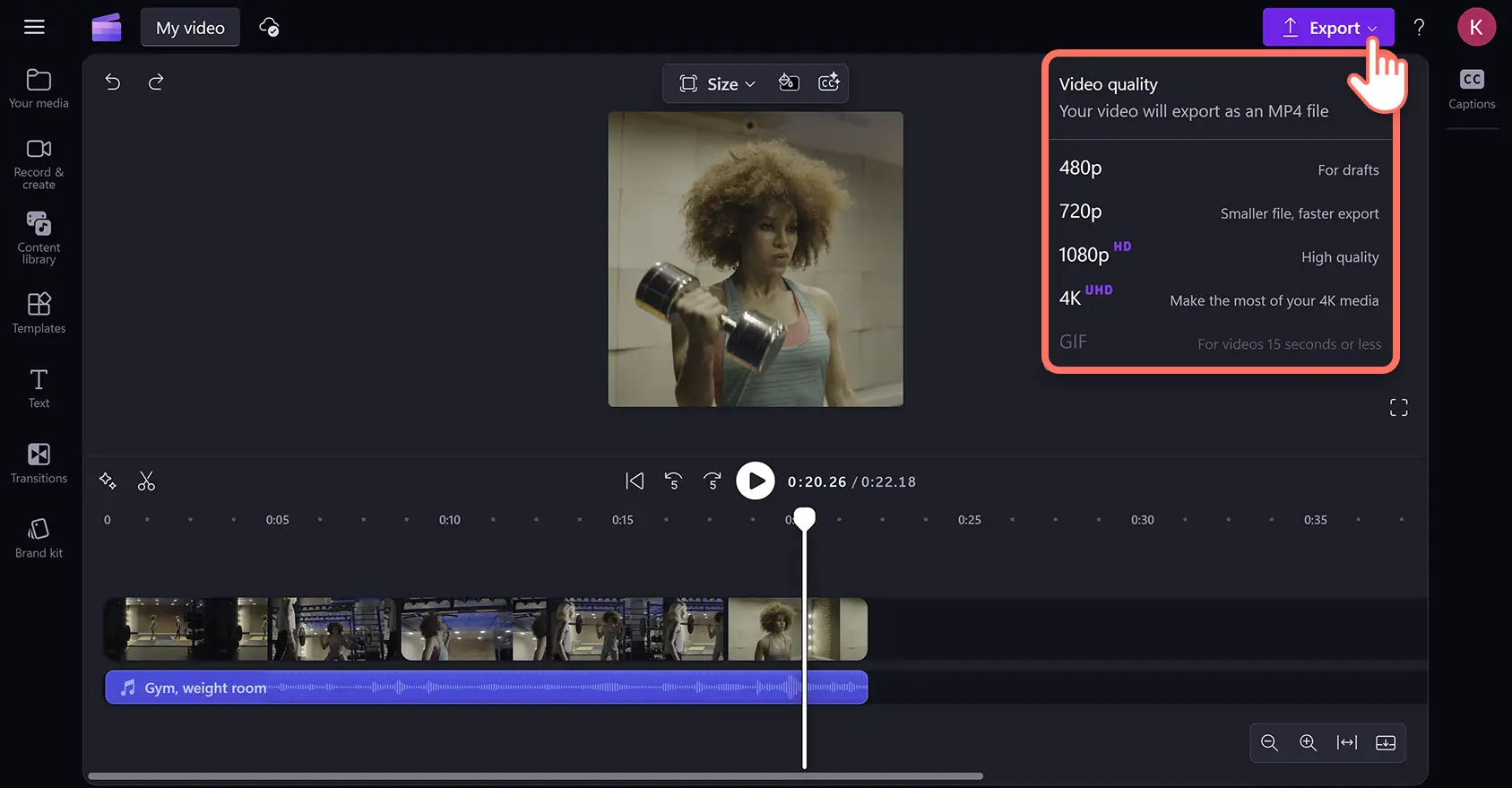 Pengguna mengekspor Reel sorotan di editor video Clipchamp.