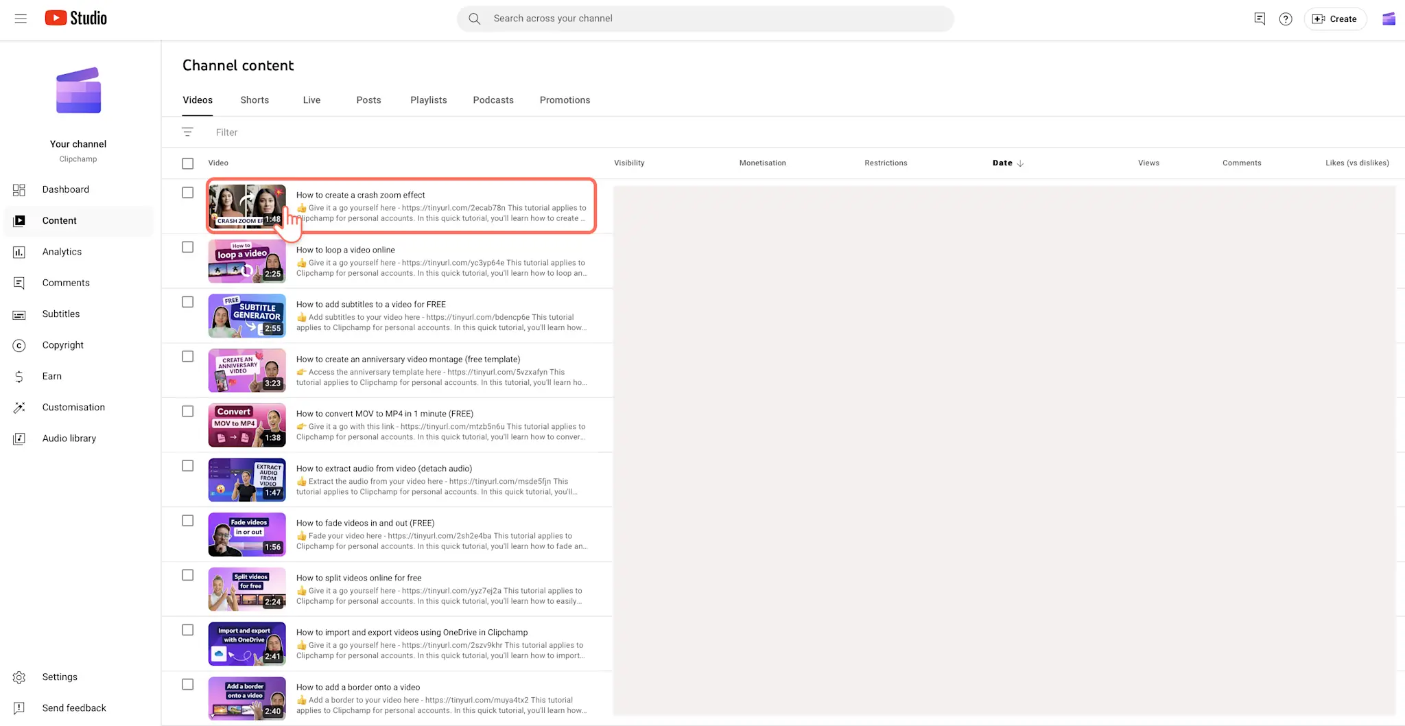 Sélection d'une vidéo à modifier dans YouTube studio