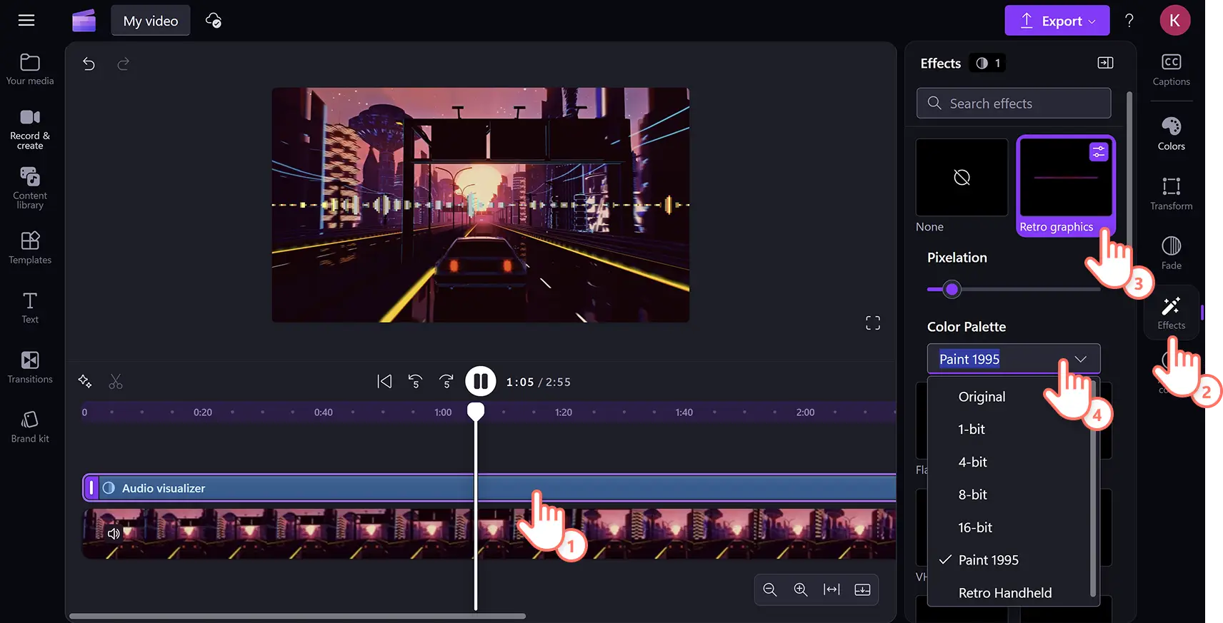 用户在 Clipchamp 视频编辑器中为音乐可视化效果添加复古图形效果。