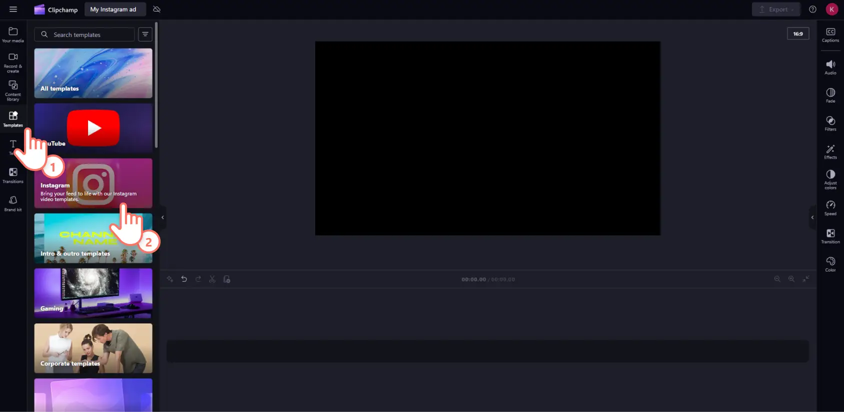 A user searching through the Instagram templates in Clipchamp.