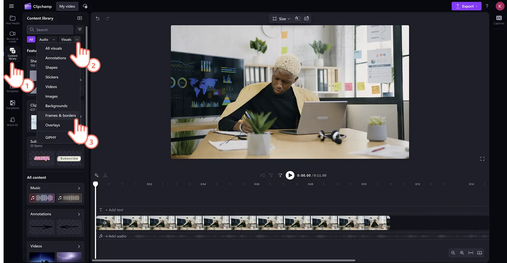 Un utente che accede alla raccolta di cornici e bordi nell'editor video Clipchamp.