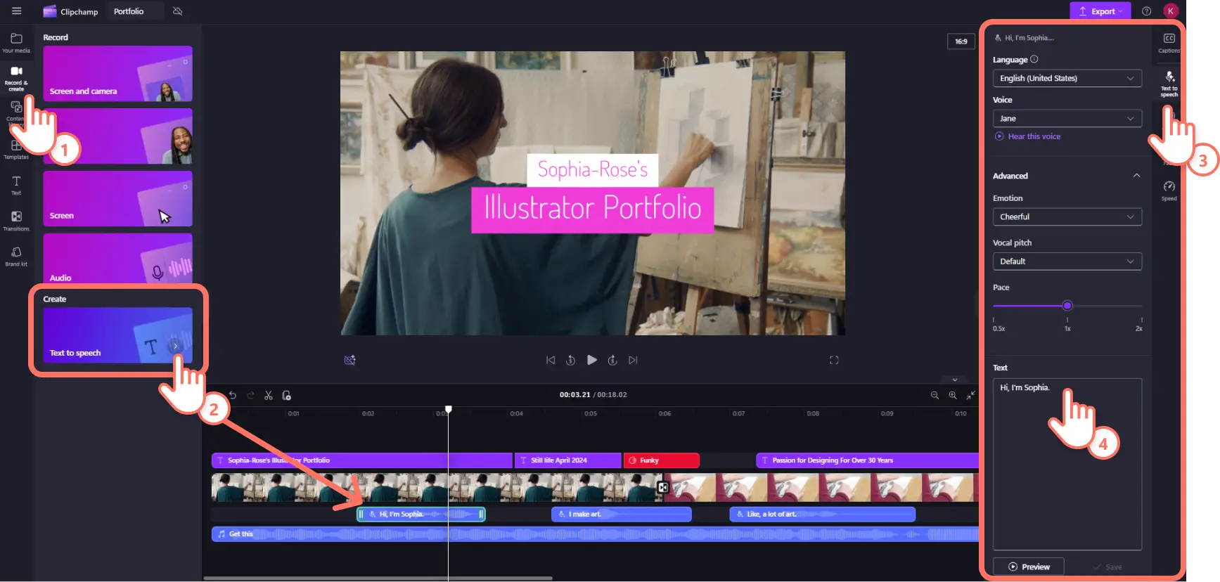 Een Clipchamp-gebruiker die tekst-naar-spraak toevoegt aan een videoportfolio.