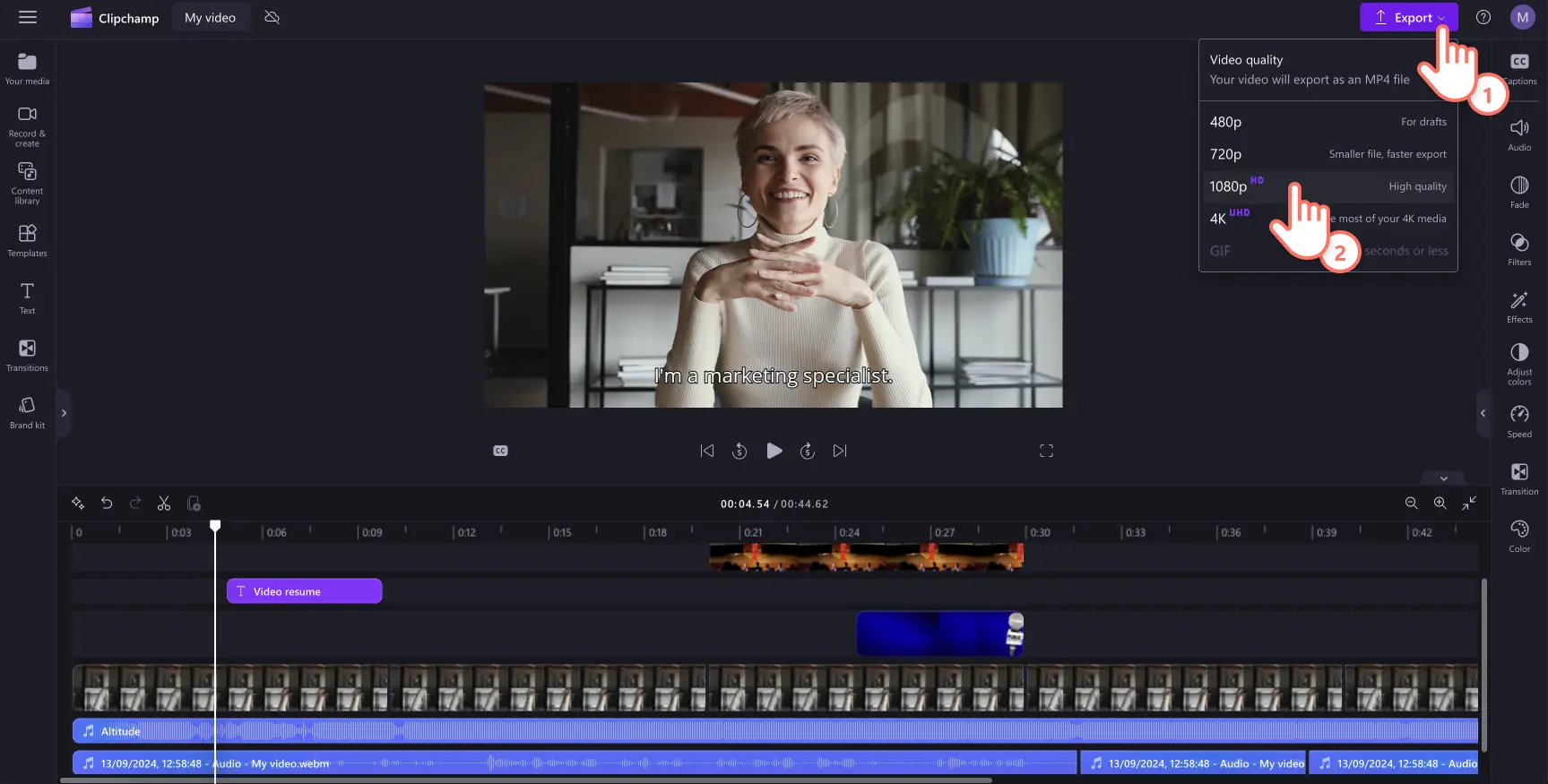 以 1080p HD 的分辨率保存视频简历