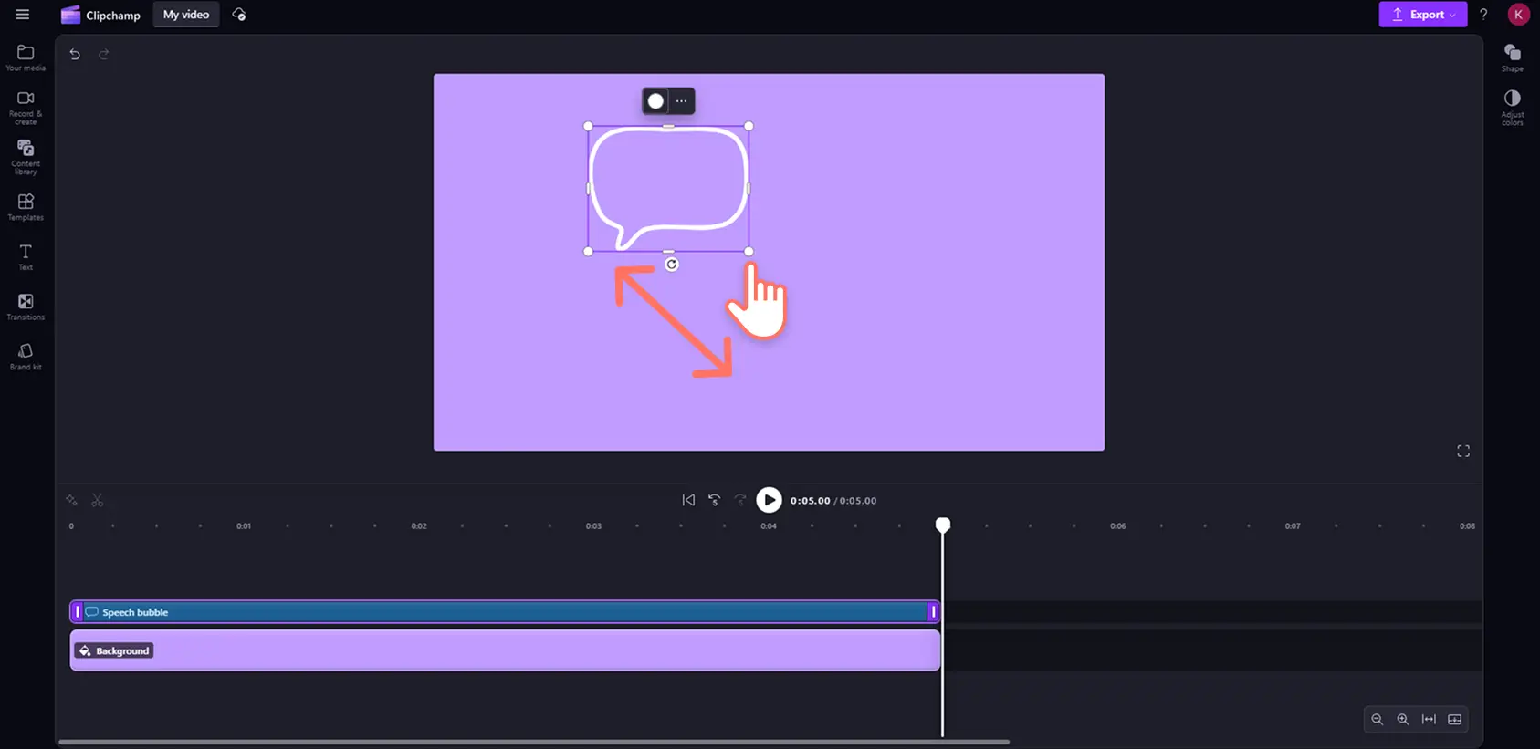 Ein Benutzer, der die Größe einer Sprechblasenform in Clipchamp ändert.
