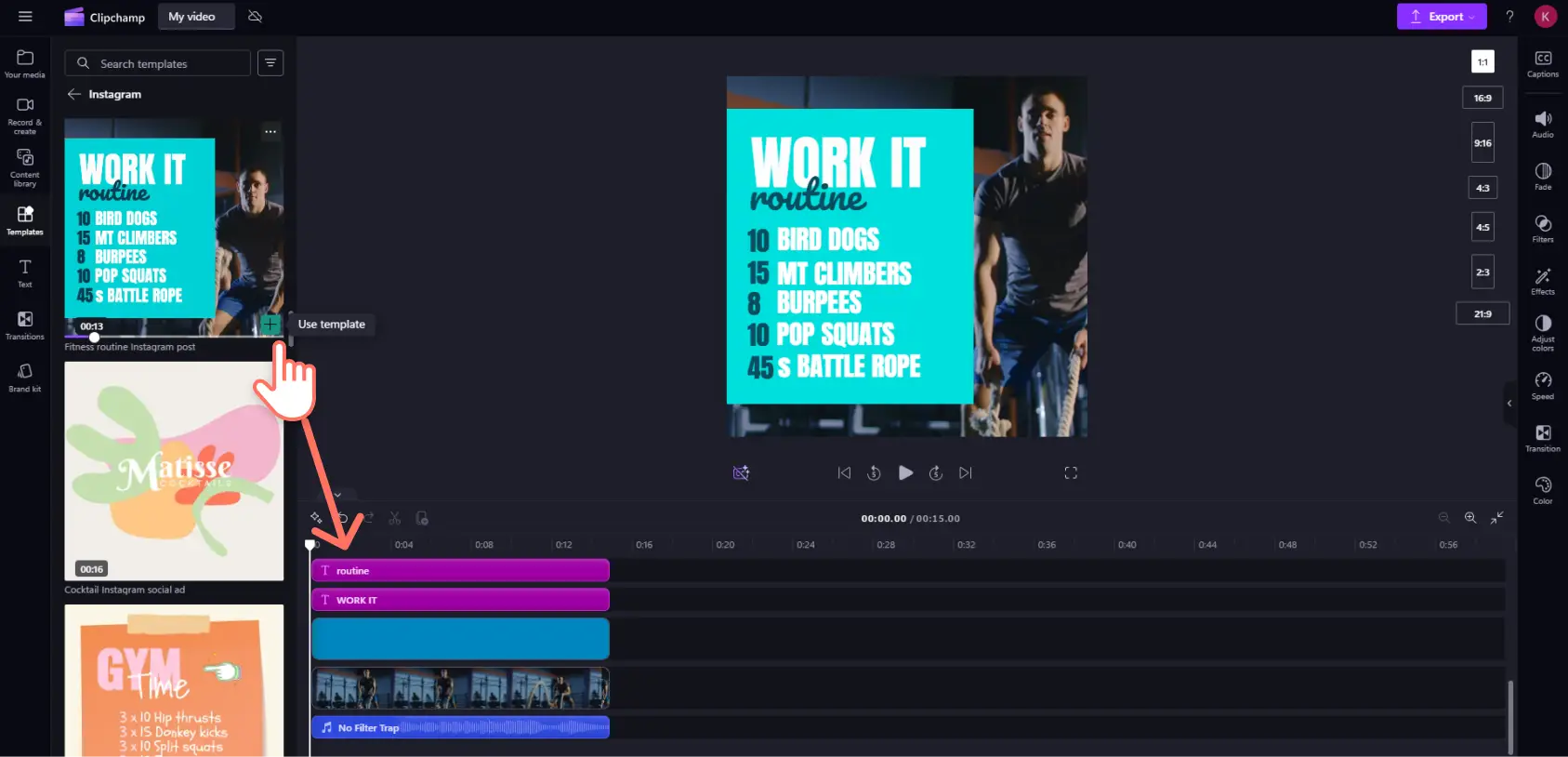 A user adding an Instagram template to the timeline in Clipchamp.