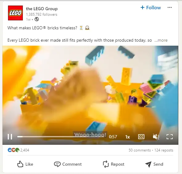 Capture d’écran d’une vidéo native LinkedIn publiée par le groupe LEGO.