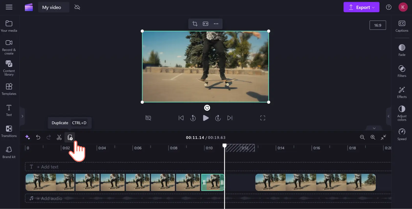 An image of a Clipchamp user duplicating a particular section of a video clip.