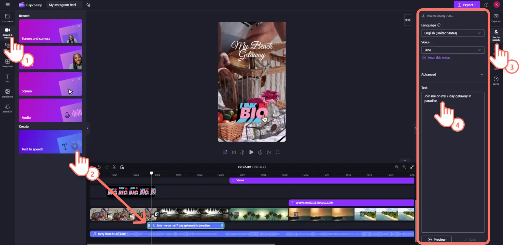 Un utilisateur de Clipchamp ajoute une voix off générée par une IA de synthèse vocale à sa vidéo de reel Instagram.