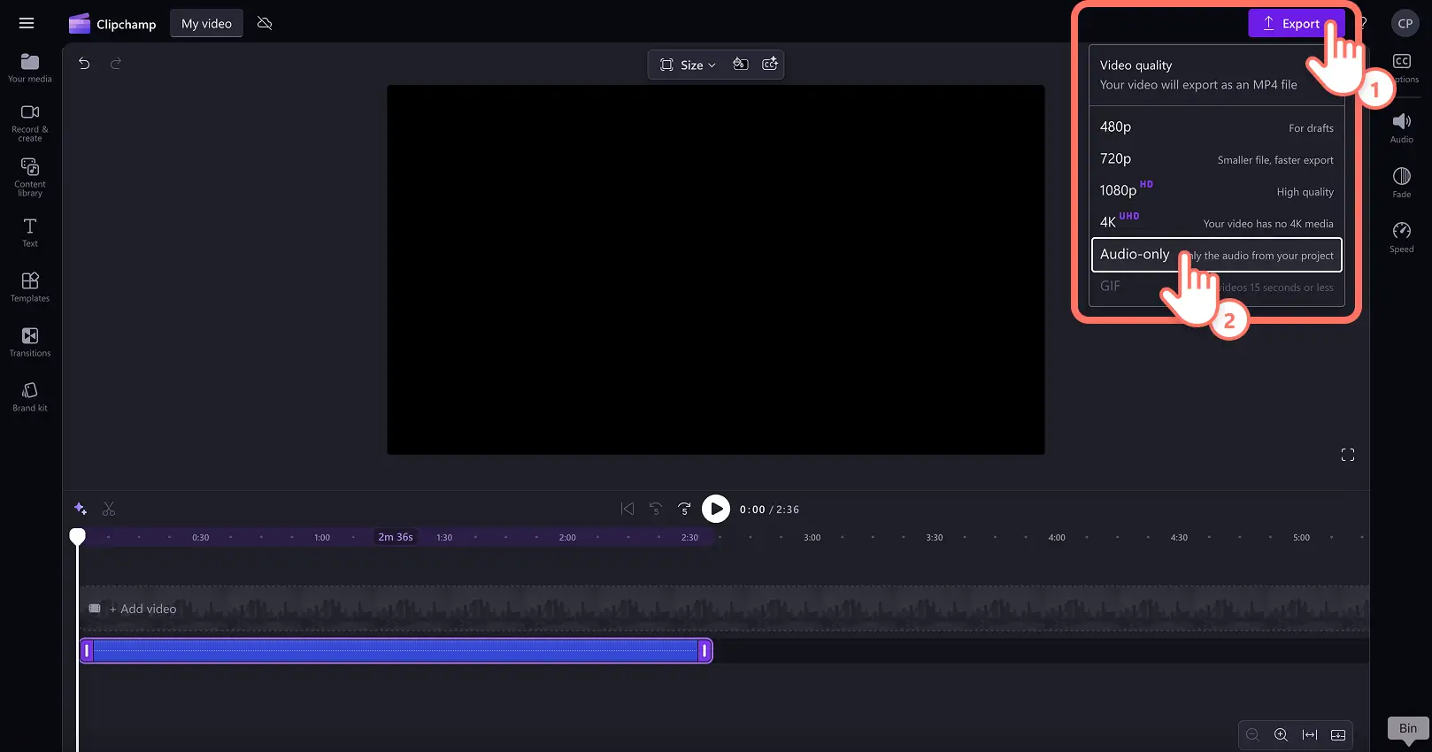 A user clicking on the export button then selecting audio only.