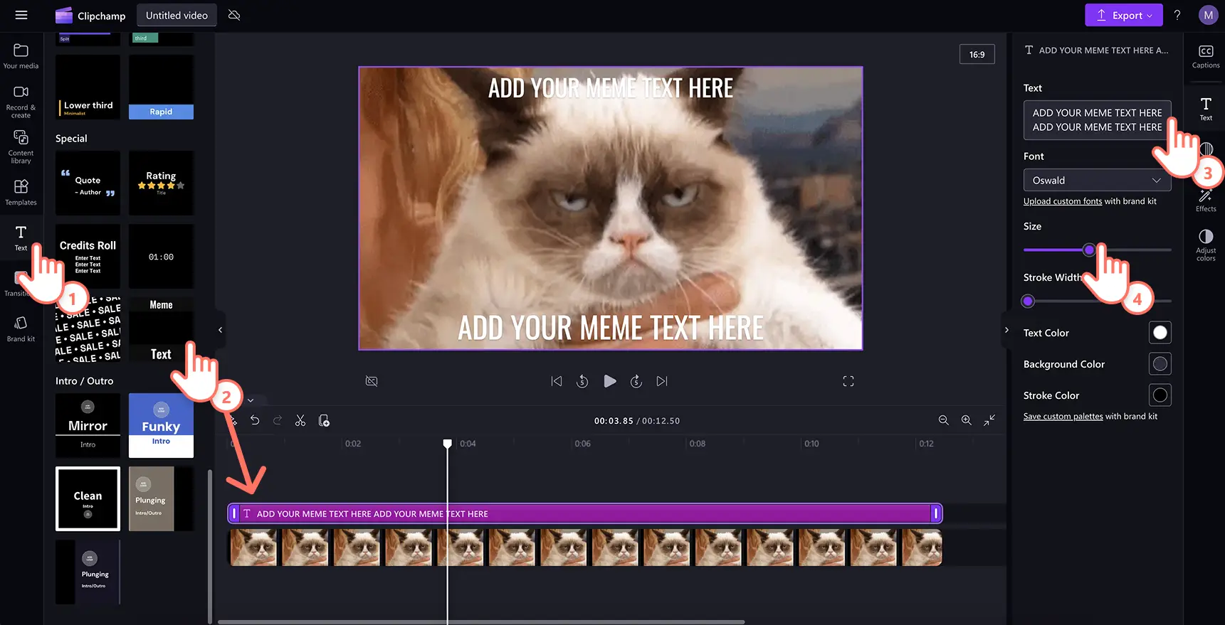 Ein Benutzer, der den Meme-Titel zu einem Meme-Video in Clipchamp hinzufügt.