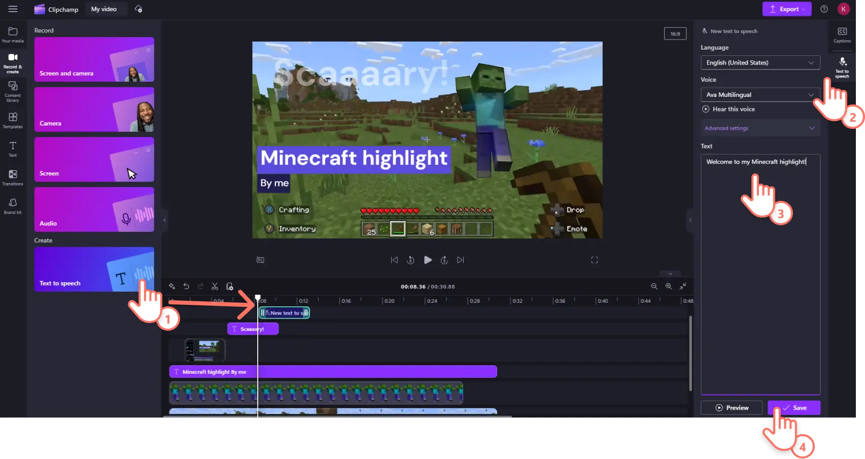 Gambar pengguna Clipchamp menambahkan teks ke ucapan ke video mereka.