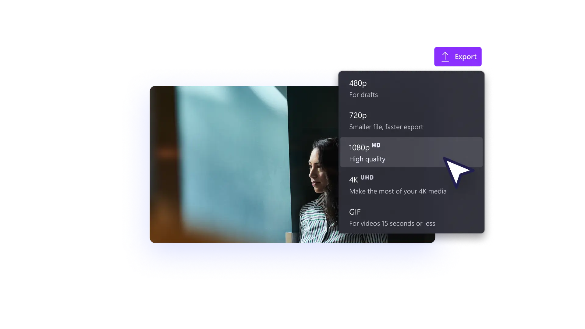 Image montrant les options d'enregistrement des vidéos dans différentes résolutions dans Clipchamp 
