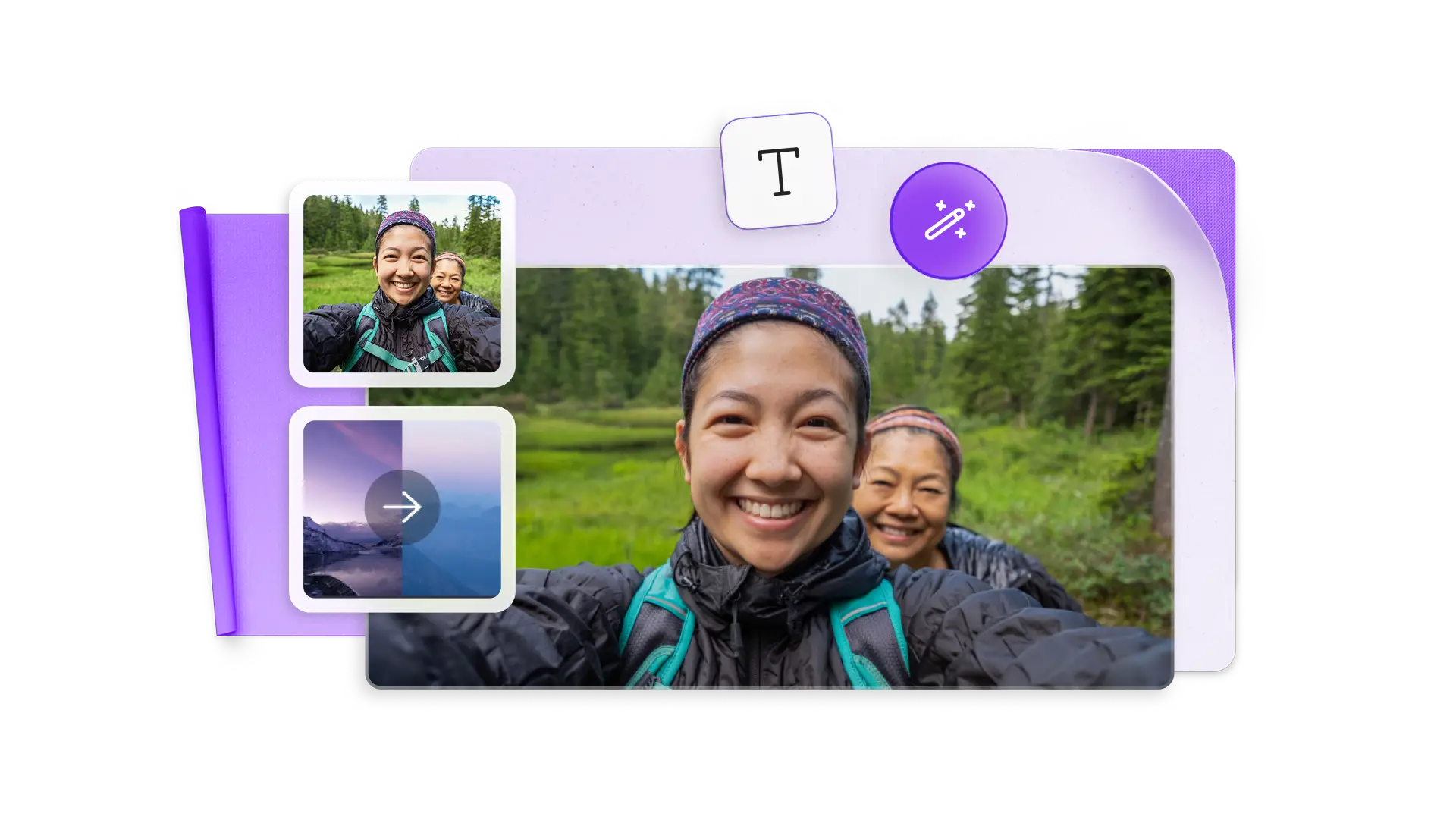 Two people on a hike surrounded by abstract videoe editing features