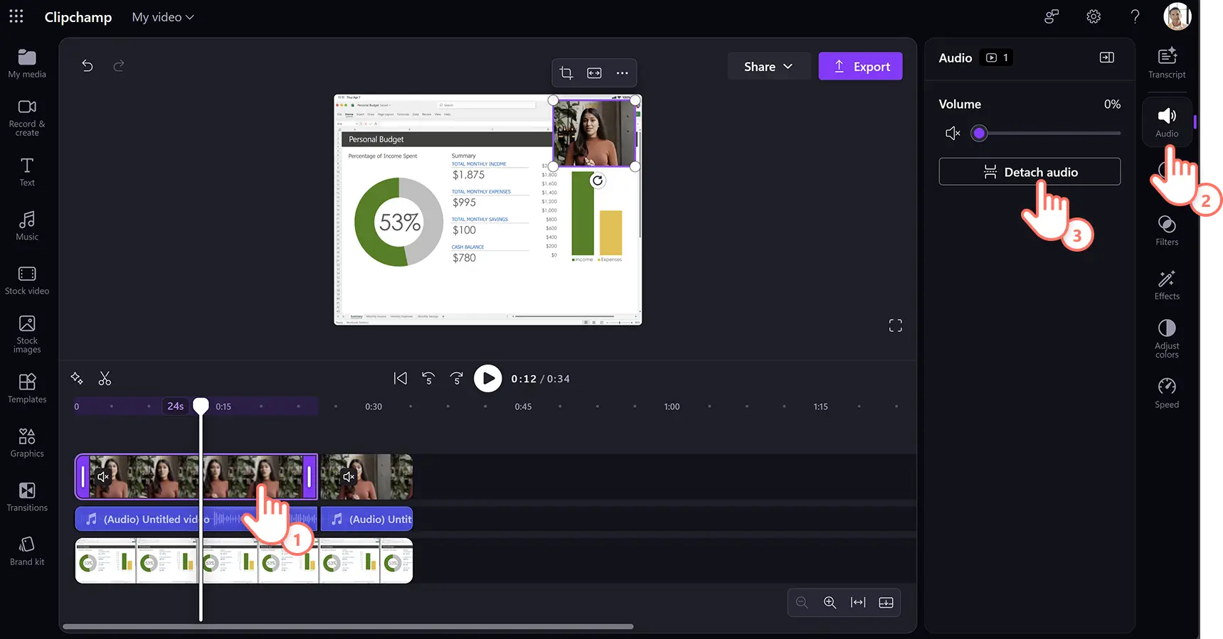 Eine Person, die die Audiospur von einem Produktdemovideo in Clipchamp für die Arbeit trennt.