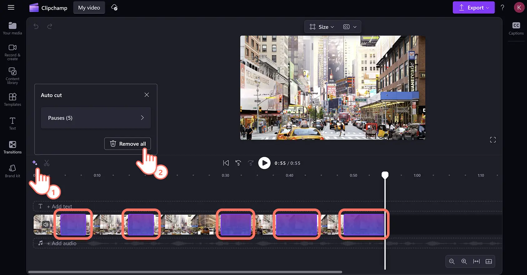 用户在 Clipchamp 中使用 AI 自动剪切来检测和删除视频音频中不需要的静音。