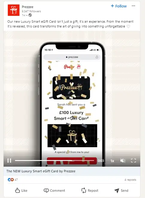 Capture d’écran d’un post publicitaire avec une vidéo de Prezzee sur LinkedIn.