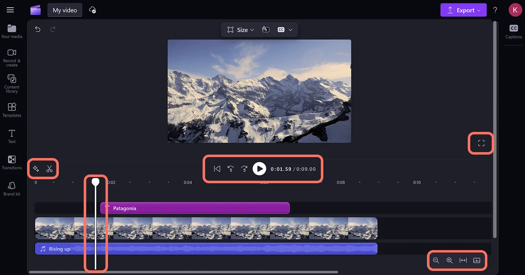 Clipchamp 视频编辑器中的时间线。