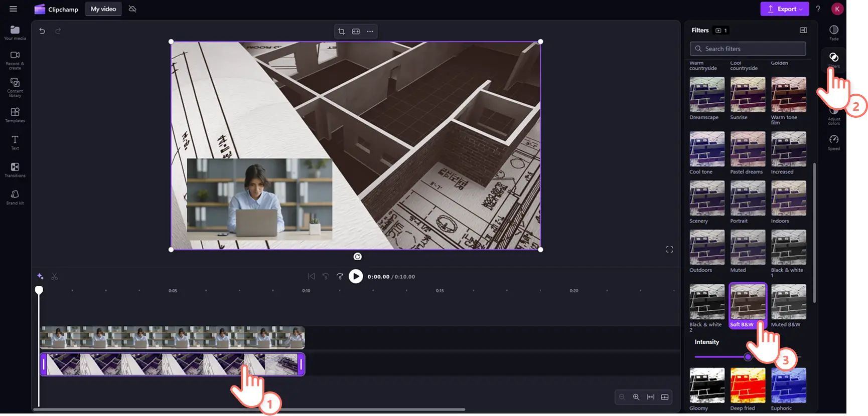 En bruker som legger til et filter i en bilde-i-bilde-video ved hjelp av egenskapspanelet i Clipchamp.