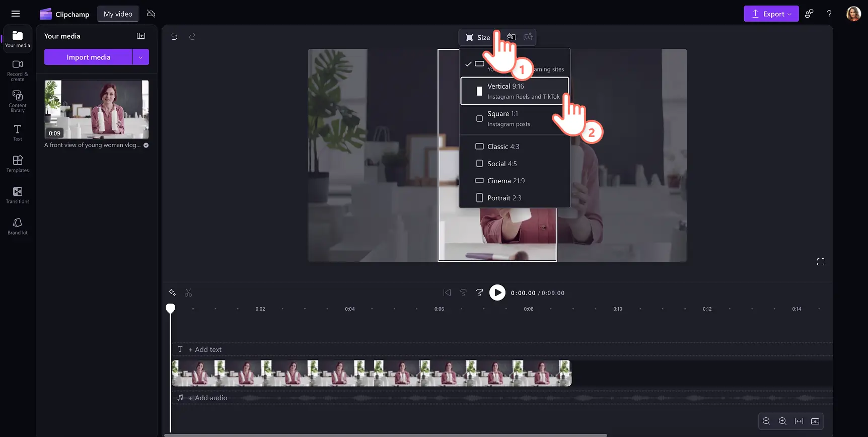 A user applying the 9:16 ratio and filling the frame to resize a video in Clipchamp.