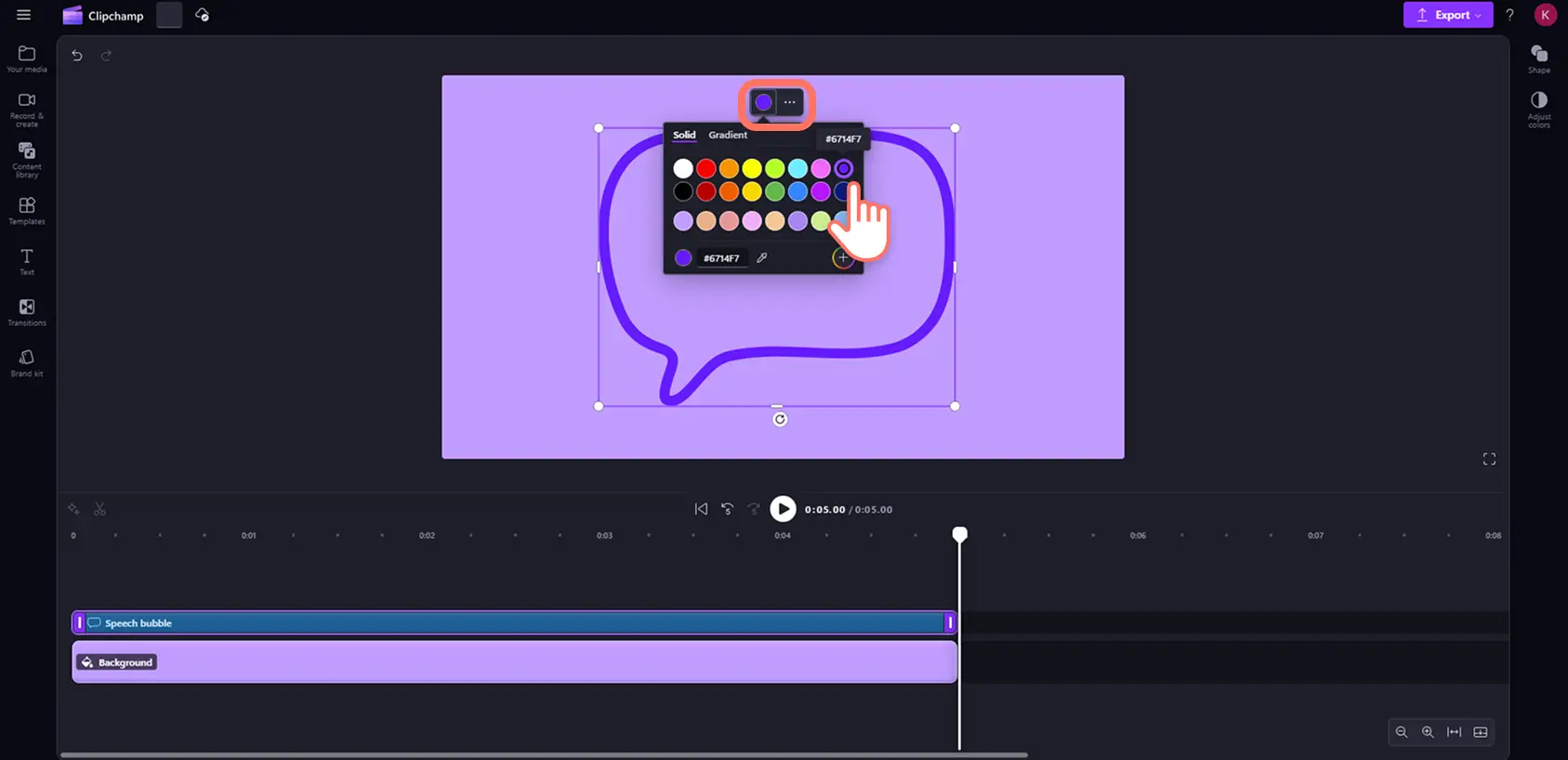 Ein Benutzer, der die Farbe einer Sprechblasenform in Clipchamp ändert.