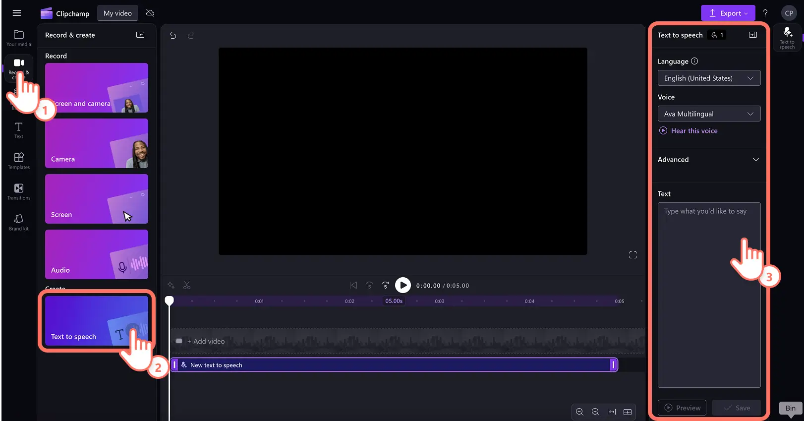 A user creating an AI voiceover using the text to speech option inside the record and create tab.