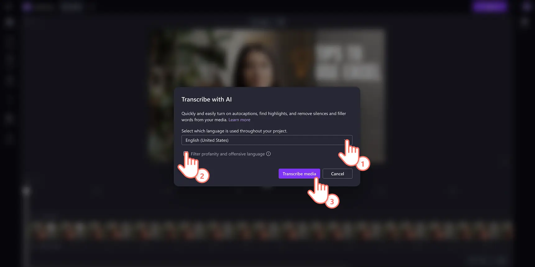 A user selecting the language, profanity and offensive language filter then transcribe media button.