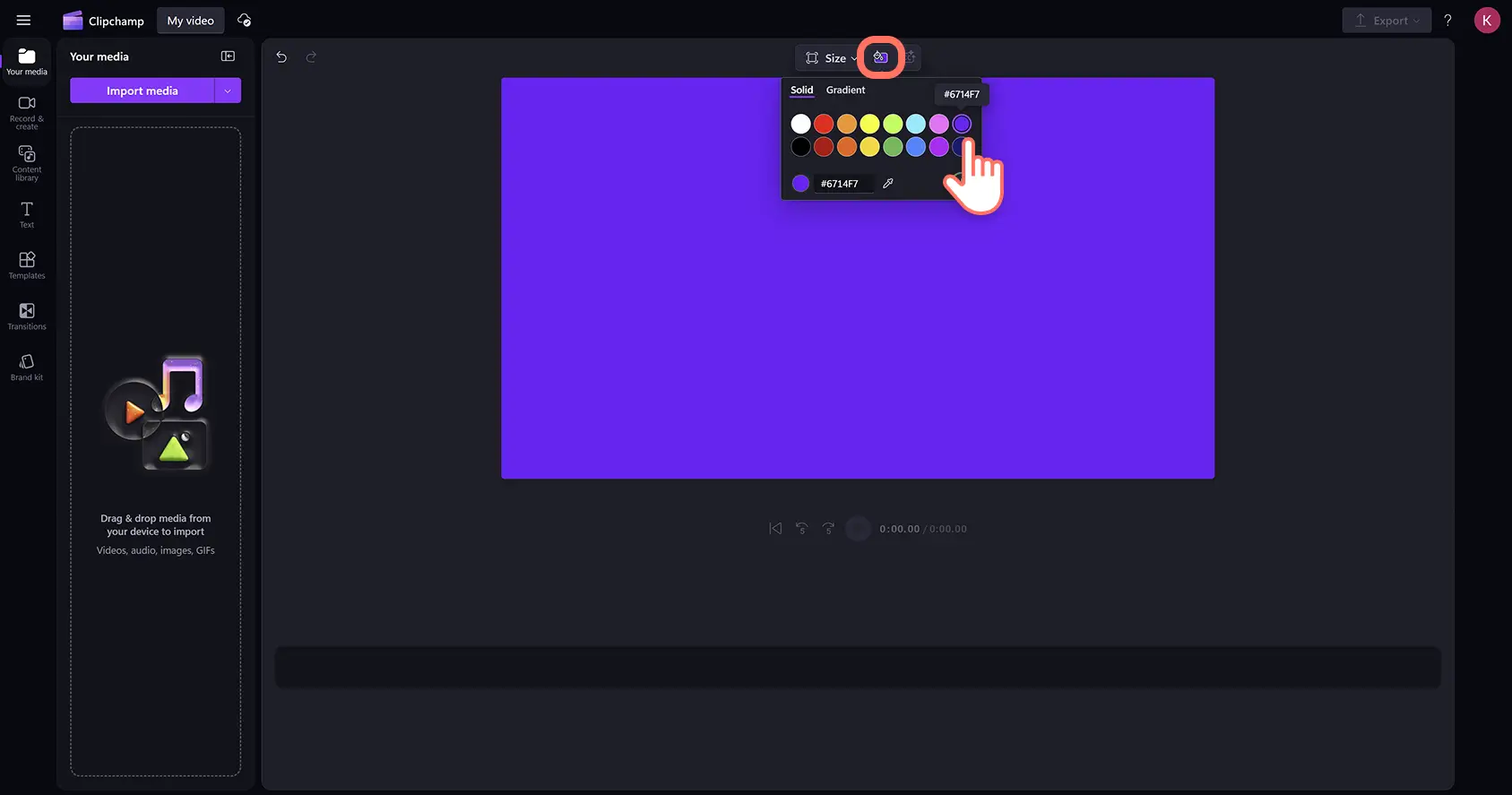 Pengguna menambahkan latar belakang warna kustom ke video di editor video Clipchamp.