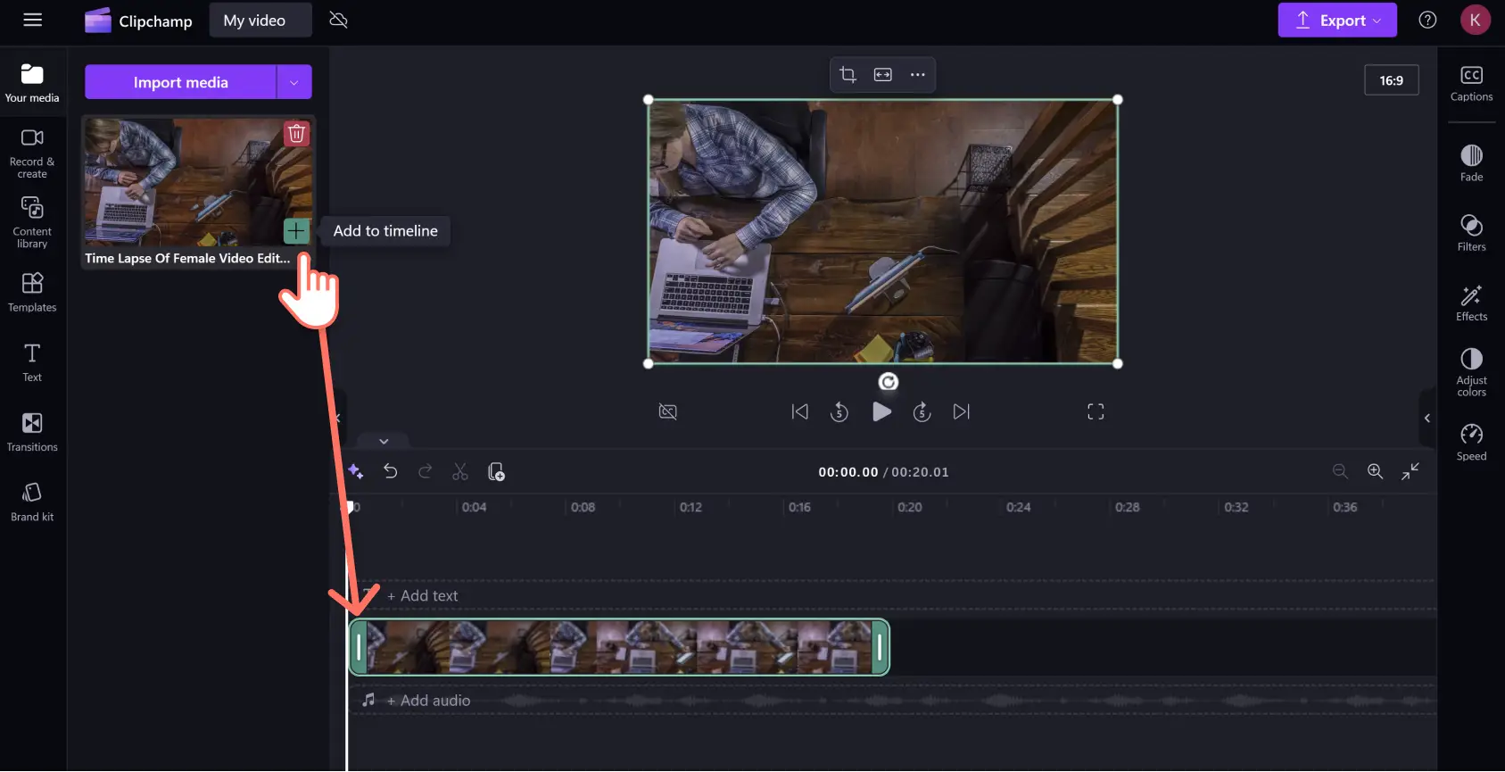 A user adding a video to the timeline in Clipchamp.