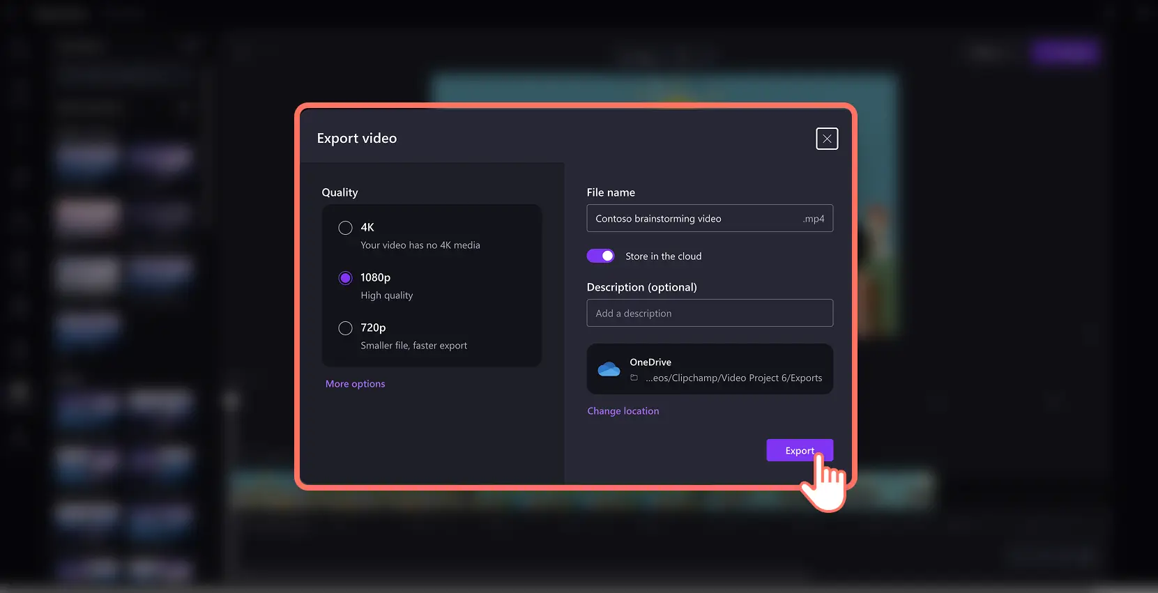 A user choosing the video title, video resolution for export and saving location in Clipchamp for work