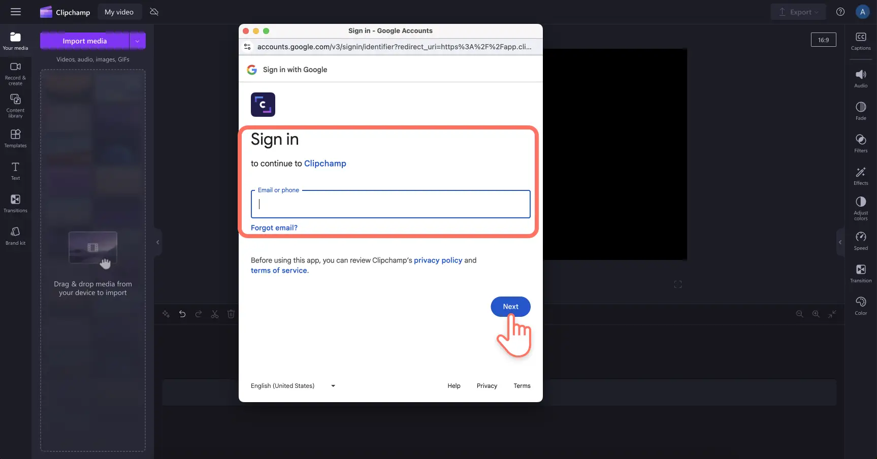 Зображення, на якому користувач входить на Google Диск у Clichamp.