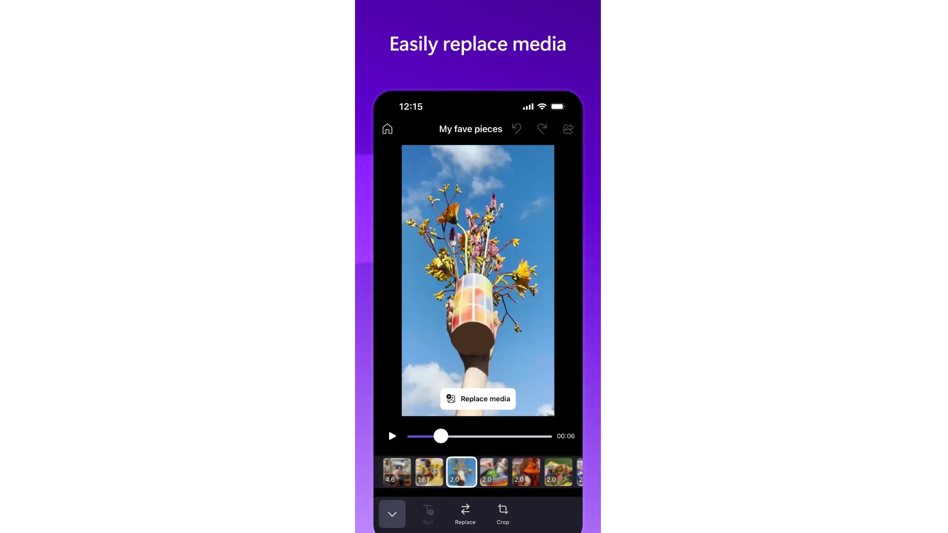 Gambar pengguna mengganti media di aplikasi seluler Clipchamp.