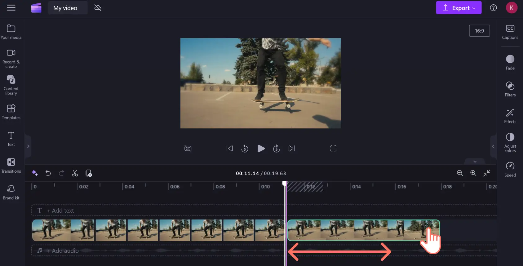 An image of a Clipchamp user dragging the remainder of their split video clip back with the rest of the footage so there is no blank space in the timeline.