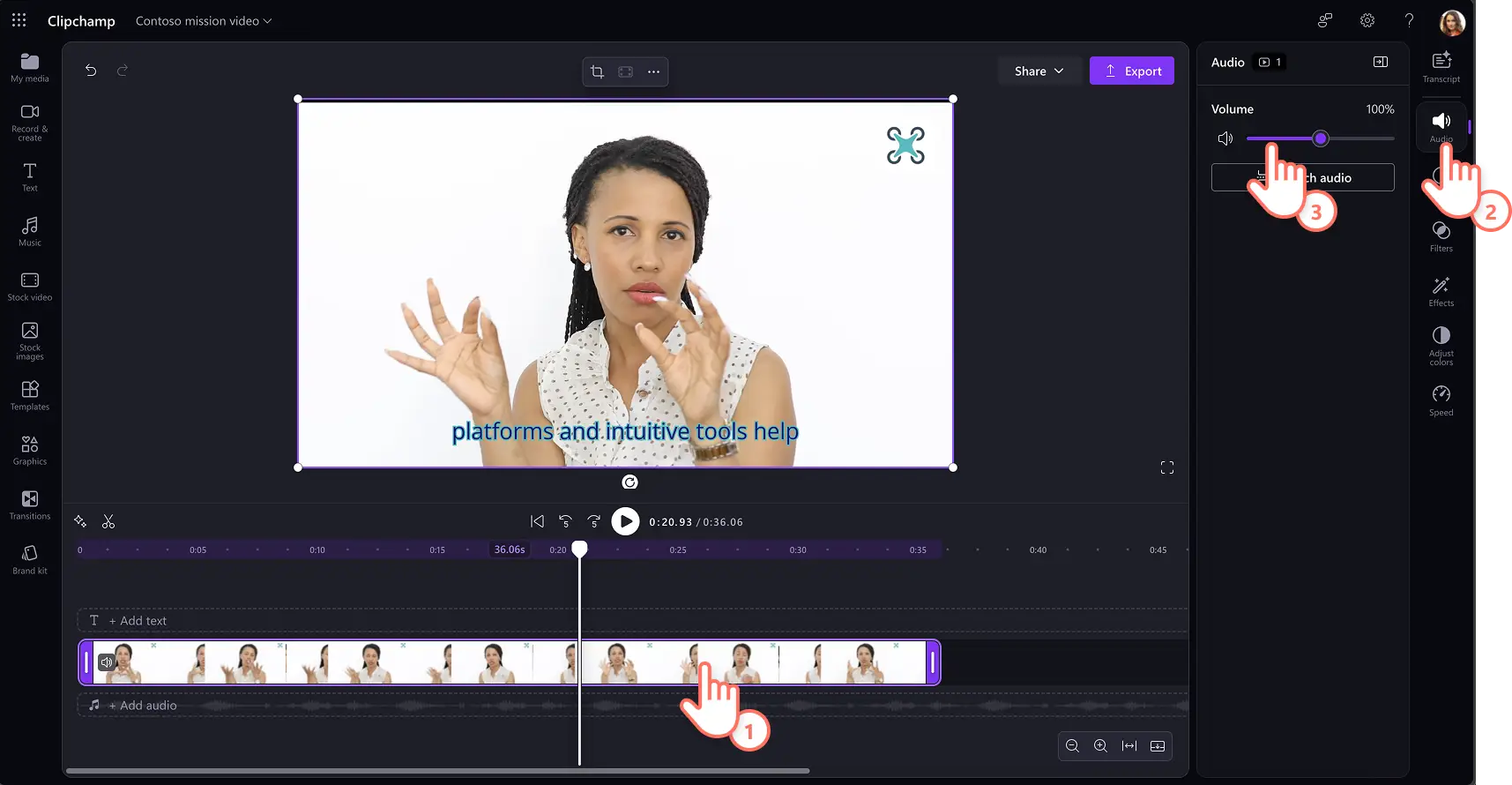 A user adjusting video volume in Clipchamp for work.