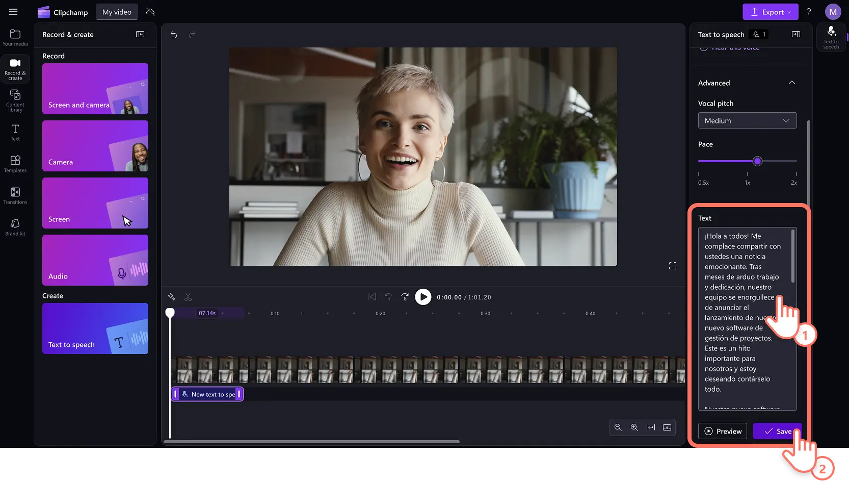 Un usuario escribe un script de voz en off y genera una voz en off basada en IA en español en el editor de vídeo Clipchamp.